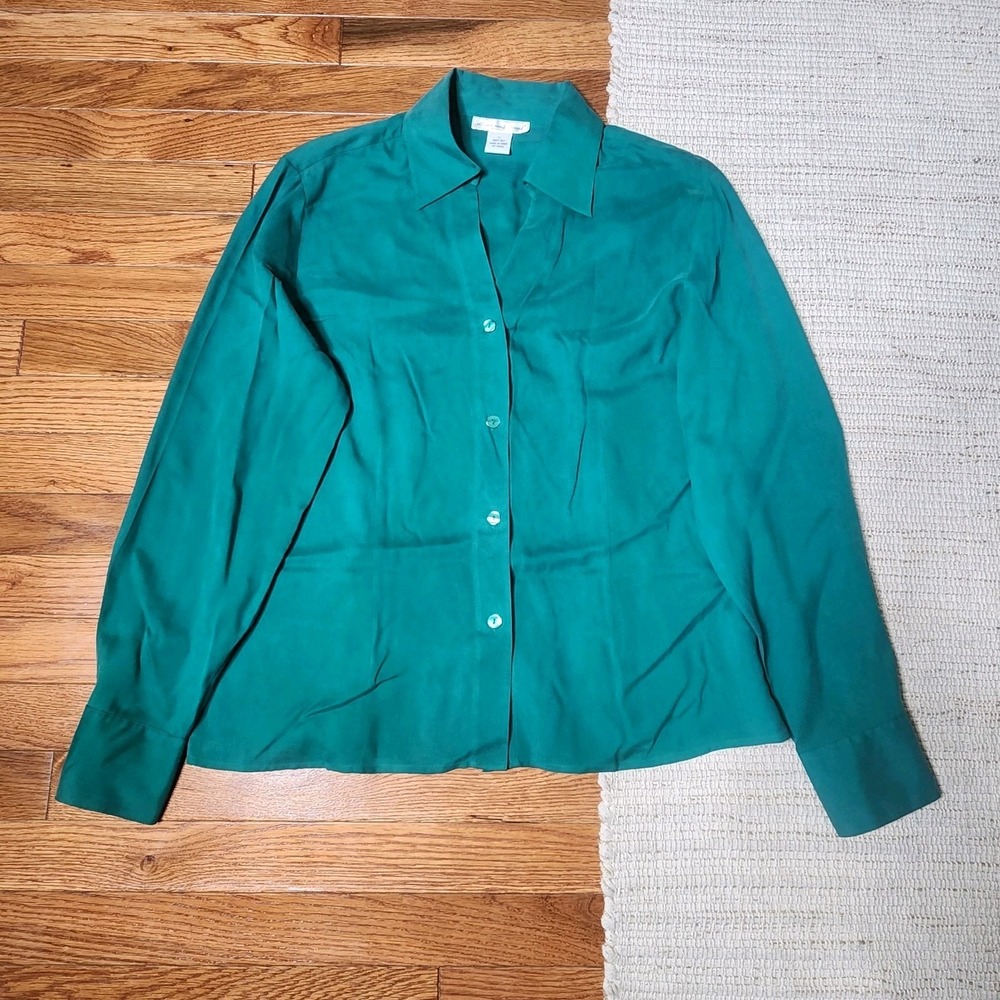 Anna and Frank Silk‎ Blouse Button Down Shirt L Green Long Sleeve Vintage Prep